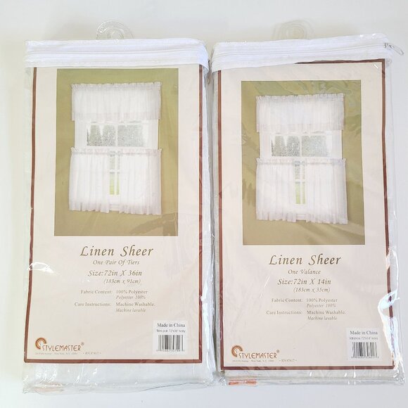 Linen Sheer Curtains Set: 72"x36" Panel Tiers 72"x14" Valance Polyester Ivory - Picture 2 of 6